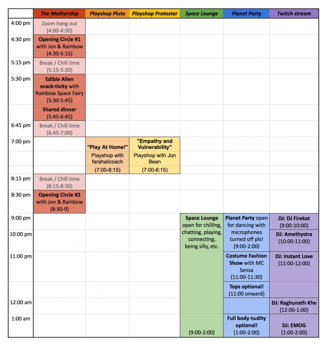 Space Out, Zoom In - full schedule